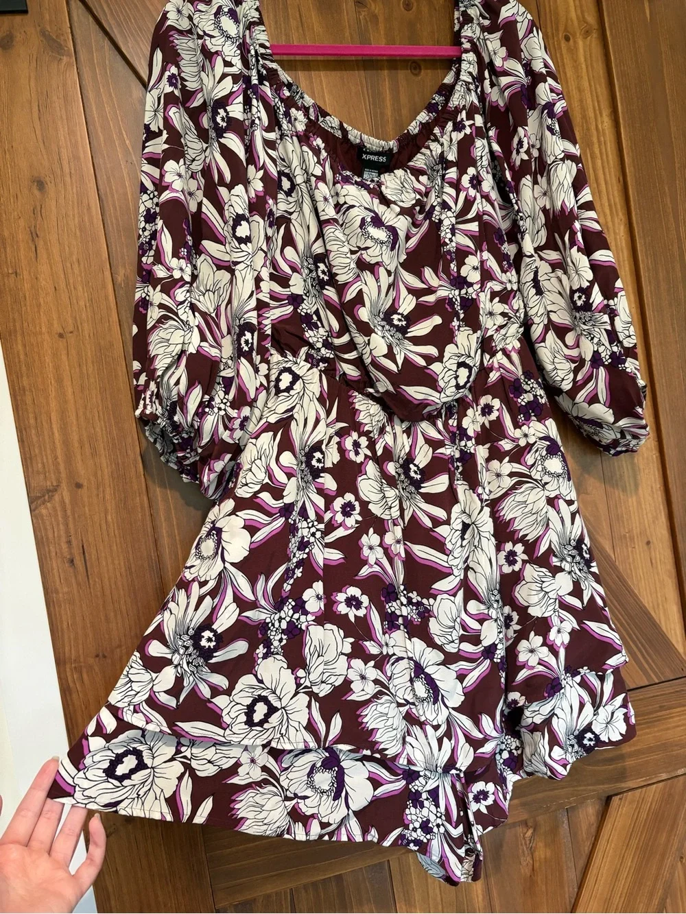 Express Burgundy and White Floral Romper with Puff Sleeves